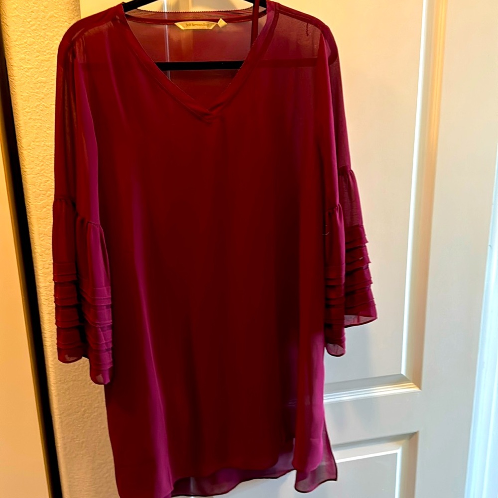 Soft Surroundings Tunic Cami Large Burgundy Tiered Sleeves Sheer Top